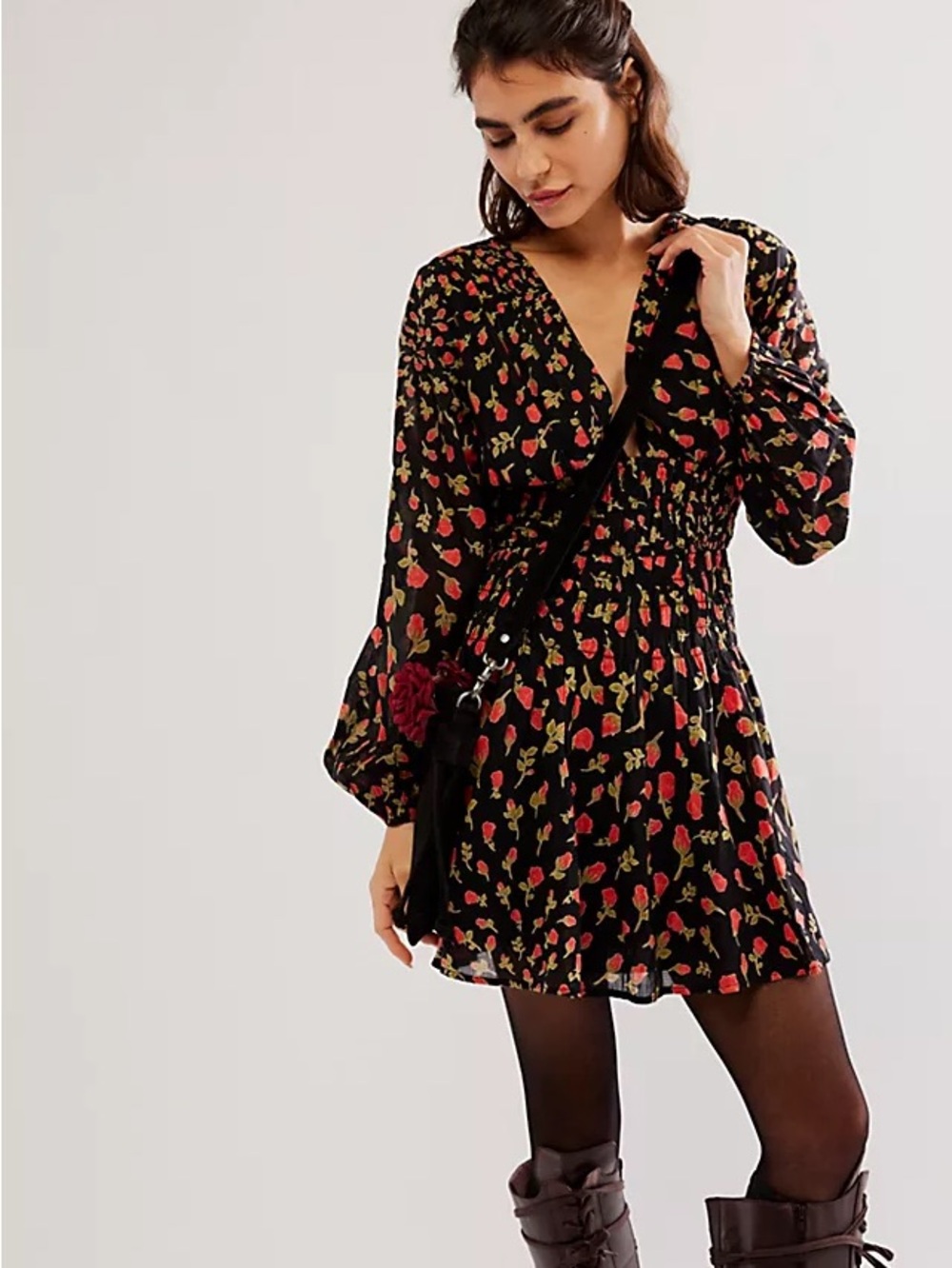 NWT Free People Black Mini Dress with Red Floral Print